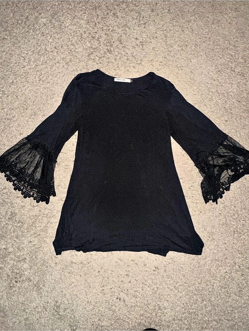 Origami Black Lace Bell Sleeve Tunic Size Large